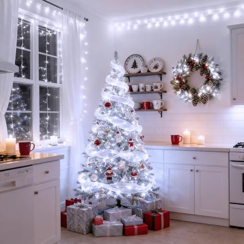 LAMPHOME White Christmas Lights Battery Operated, 34.1FT 100 LED Waterproof String Christmas Tree Lights with 8 Modes, Xmas Decorations for Indoor Outdoor Yard Wedding Home Decor