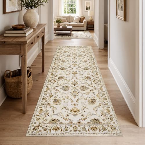 jinchan 3x8 Traditional Floral Rug, Washable Runner Rug, Oatmeal Rust