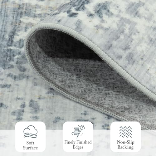 2x6 Runner Rug Non-Slip Washable, Blue Runners for Hallway Kitchen Entryway Indoor, Soft Neutral Abstract Modern Farmhouse Carpet for Bedroom Laundry Room Decor
