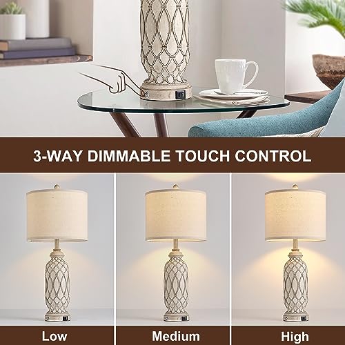 Farmhouse Table Lamps for Bedroom Set of 2, 28" Rustic Bedside Lamp with USB Ports, 3-Way Dimmable Nightstand Table Lamp for Living