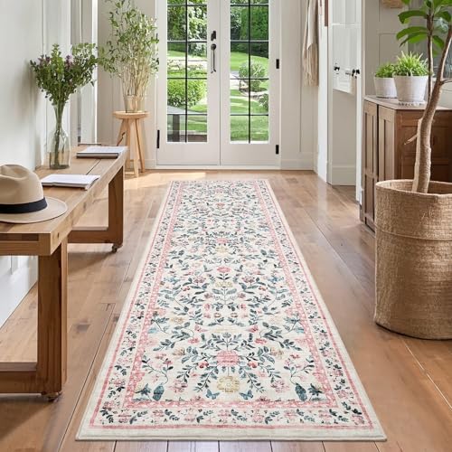 GarveeHome Washable Runner Rug 2 x 6 Non-Slip Non-Shedding Soft Vintage Bedside Rug, Low Pile Farmhouse Floral Carpet, Indoor Foldable Printed Entryway Rug for Hallway Kitchen, Pink