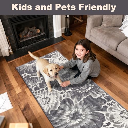 Findosom Hallway Runner Rug 2x6, Non Slip High-Low Textured Floral Washable Runner Rug with Rubber Backing, Boho Carpet Runner for Kitchen, Entryway, Bedroom, Laundry, Gray