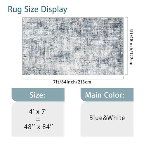 4x7 Rug for Living Room: Washable Wide Hallway Runner Rug Blue
