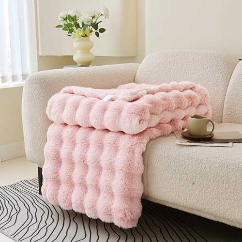 Comelady Soft Fluffy Faux Fur Throw Blanket 50"x60", Plush Thick Bubble Textured Blanket for Couch Bed, Cozy Fuzzy Luxury Room Decor & Warm Gifts for Women Girls, Light Pink