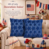 OLANRUN 4th of July Decorations, 4th of July Pillow Covers 18x18 Inch Set of 2, Blue Stars Patriotic Independence Day Decorations Soft Plush Faux Fur Jacquard Throw Pillows for Indoor Home Sofa
