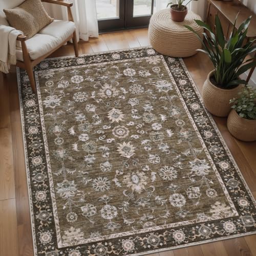 Tangsoo 3x5 Washable Rug,Vintage Brown Floral Throw Entryway Rugs Non Slip
