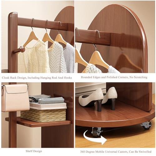 Floor-Standing Solid Wood Rotating Coat Rack，Full Length Mirror with Clothes Rack, Solid Wood Frame, Floor Standing, Tall Mirror with Wheels for Living Room, Bedroom, Hallway