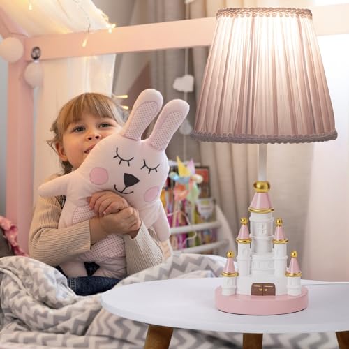 Kids Table Lamp, Adorable 14 Inch Castle Style Kids Desk Lamp, Pink Bedside Lamp Ideal for Girls Bedroom Decor, Includes LED Bulb