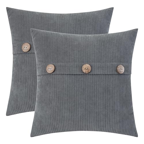 HWY 50 Grey Chenille Throw Pillow Covers 16x16 Inch Buttons Pack of 2