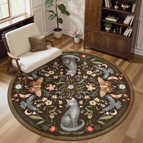 GarveeHome Round Area Rugs 4ft for Bedroom, Cat Brown Washable Circle Rug Soft Non Slip Mushroom Floral Floor Mat Carpet Indoor Thin Rug for Bedroom Dining Room Playroom Nursery Gothic Decor