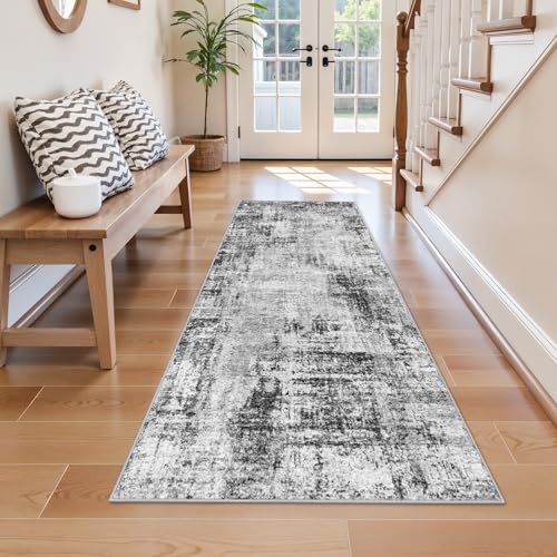 2x6 Washable Kitchen Runner Rug: Abstract Non Slip Throw Door Mat Black