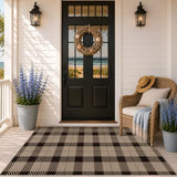 Washable Plaid Indoor Outdoor Rug 3x5 for Front Porch, Entryway, Patio, No Shed Easy Jute Non Slip TPR Backing Area Rug for Large Kitchen, Farmhouse Black & Tan Checkered Seagrass Aesthetic