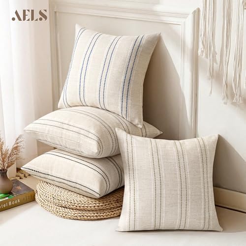 AELS 18x18 Decorative Farmhouse Linen Blend Throw Pillow Covers, Boho Textured Pillow Case, Set of 2,Beige with White & Navy Blue Stitch Yarn Dyed Stripe Cushion Cover for Sofa Living Room(Cover ONLY)