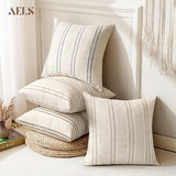 AELS 18x18 Decorative Farmhouse Linen Blend Throw Pillow Covers, Boho Textured Pillow Case, Set of 2,Beige with White & Navy Blue Stitch Yarn Dyed Stripe Cushion Cover for Sofa Living Room(Cover ONLY)