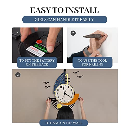 YISILE Modern Wall Clock Battery Operated 23 Inch Large Boat Design Pendulum Wall Clocks for Living Room Decor 3D Silent Clock Wall Decor Sticker Non Ticking for Bedroom Office Home Kitchen Decoration
