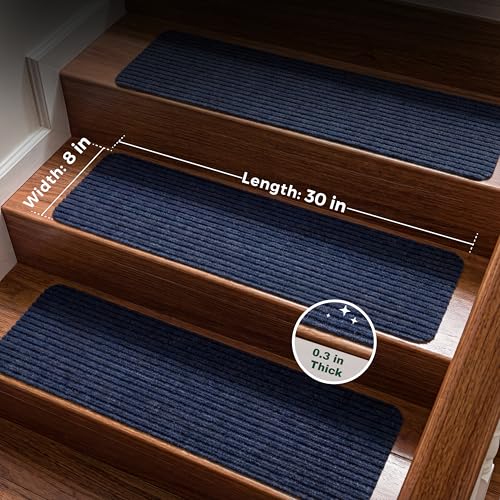 MBIGM 8" X 30" (15 in Pack) Non-Slip Carpet Stair Treads Non-Skid Safety Rug Slip Resistant Indoor Runner for Kids Elders & Pets with Reusable Adhesive - Navy - Carpet Pads for Stairs