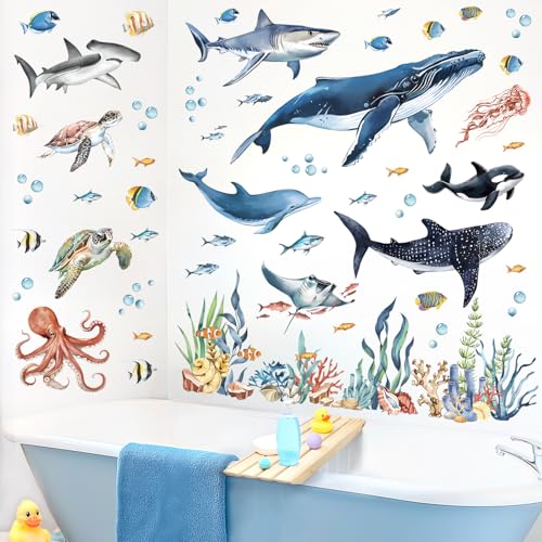 decalmile Under The Sea Fish Wall Decals Ocean Animal Sea Turtle Seaweed Whale Wall Stickers Bathroom Baby Nursery Bedroom Living Room Wall Decor