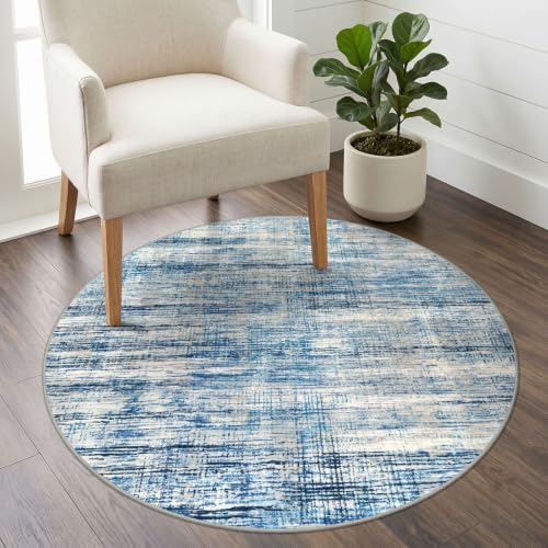 KOZYFLY Abstract Circle Rug 3Ft Washable Kitchen Round Rug Blue Beige