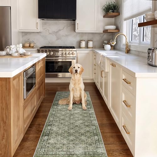 Washable 2x6 Runner Rug for Kitchen: Easy-Clean Carpet with Non-Slip Backing for Bedroom Entryway Stain-Resistant Shedding-Free Floor Mat – Perfect for High-Traffic Areas with Pets (Green,2x6)