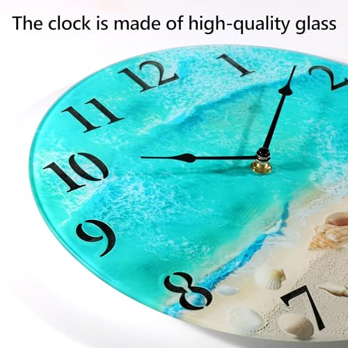 Coastal Nautical Glass Wall Clock with Seashell Design and Aesthetic Beach Theme - Battery Operated Silent Wall Decor for Home, Kitchen, Living Room, Office, Bedroom, or Bathroom (14 Inch,Teal)