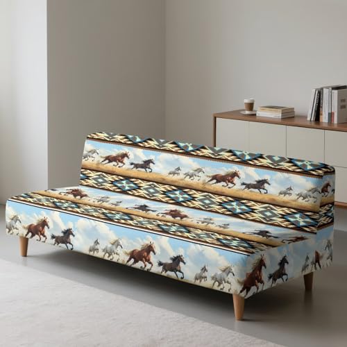 Aztec Western Armless Futon Cover Horse Stretch Armless Sofa Slipcover Navajo Southwestern Ethnic Washable Elastic Couch Furniture Protector for Bedroom Living Room