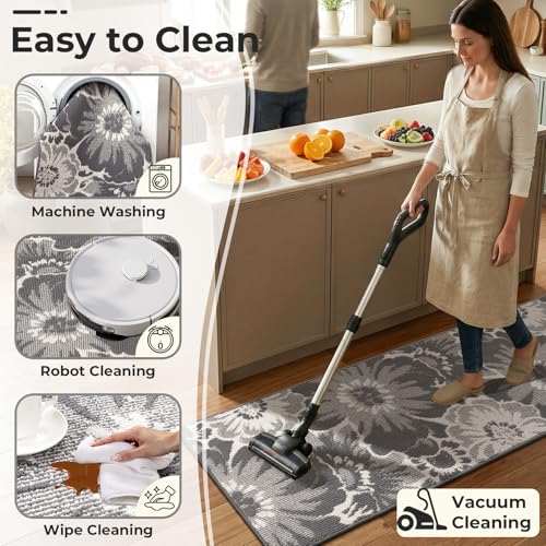 Findosom Hallway Runner Rug 2x6, Non Slip High-Low Textured Floral Washable Runner Rug with Rubber Backing, Boho Carpet Runner for Kitchen, Entryway, Bedroom, Laundry, Gray