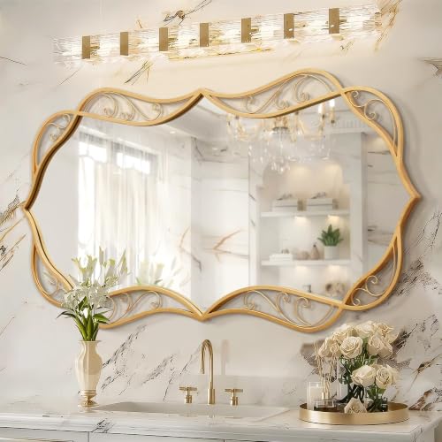 Besdomus Gold Bathroom Large Mirror: 24"x48" Scalloped Modern Large Vanity Mirror for Wall - Farmhouse Decorative Vertical or Horizontal Hanging - Wall Decor for Bathroom/Entryway/Bedroom/Living Room