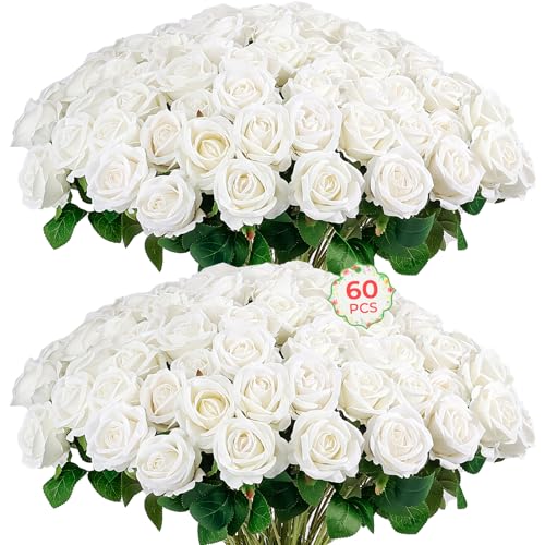 60PCS Artificial Roses Bulk, White Velvet Silk Fake Roses, Realistic White Flowers for Mother's Day, Wedding Centerpieces, Bridal Bouquets, Home Decor, Baby Shower, Valentine's Day Party Decorations
