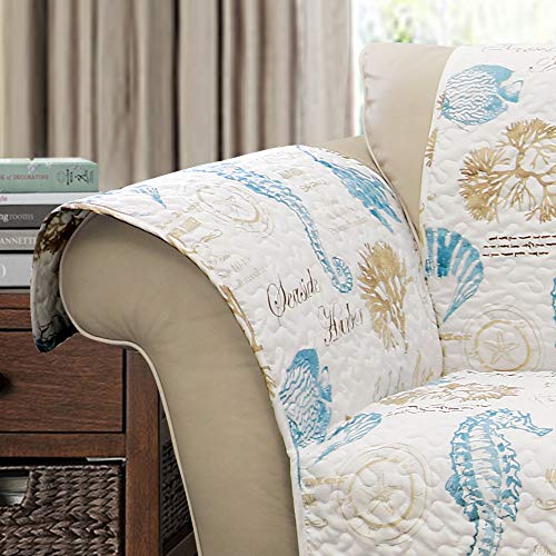 Lush Decor Harbor Life Furniture Protector, Couch Cover, 116" W x 75" L, Blue & Taupe - Quilted Coastal Couch Cover - Nautical Furnishings - Pet Sofa Covers - Furniture Covers For Sofa & Loveseat