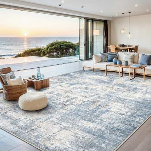 8x10 Area Rugs Washable Living Room Rug-No Slip Soft Carpets Modern Abstract Coastal Indoor Floor Stain Resistant Large Carpet for Bedroom Dining Room Farmhouse Nursery Home Office Blue