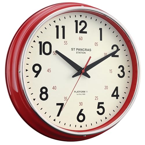 Wall Clock Metal 12.4" Countryside Style Wall Clocks Retro Vintage Classical Silent Non Ticking Easy to Read for Living Room/Kitchen/Bedroom/Office/Bar(12.4" Red)