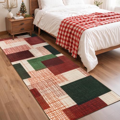 Washable 2x6 Christmas Runner Rug for Hallway Kitchen, Red-Green