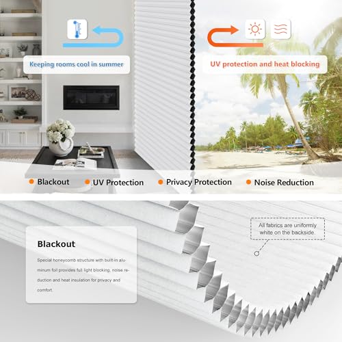 LazBlinds No Tools No Drill Cordless Cellular Shades, Top Down Bottom Up (TDBU) Honeycomb Shades for Home, Blackout Light Blocking Thermal Insulation Blinds for Windows, 34" W x 64" H, White