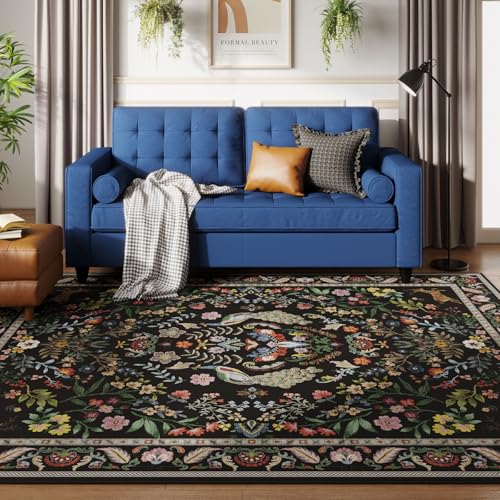 Rugcomf Area Rug 5x7 for Living Room Floral Washable, Vibrant Black