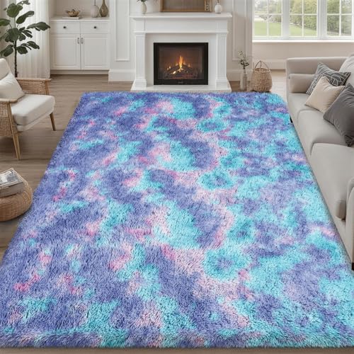 9x12 Area Rug Living Room Bedroom Fluffy Plush Shag Carpet Rainbow