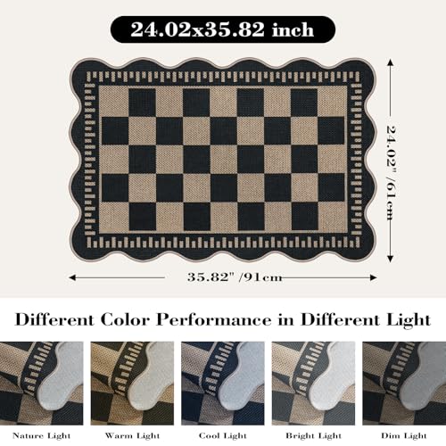 Checkered Easy Jute Entryway Rug, 2x3 Washable Non Slip Kitchen Rug, Indoor Outdoor Door Mat, Farmhouse Low Pile Floor Black Rugs for Porch Doorway