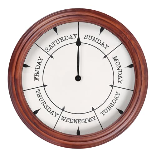 Day of The Week Clock 14Inch Retirement Wall Clock with Wood Frame Day Wall Clock for Men Women (Dark Reddish Brown)