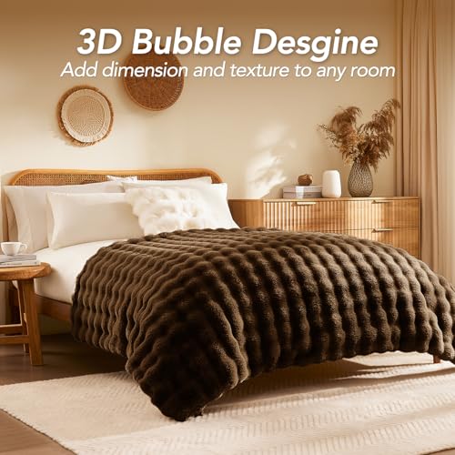 L'AGRATY Faux Rabbit Fur Blanket: 50" x 60" Luxury Soft Fluffy Thick Fur Throw Blanket for Couch Bed Sofa - Cozy Plush Bubble Blankets for Winter: Warm Flannel Fleece Decorative Blanket(Cocoa Brown)