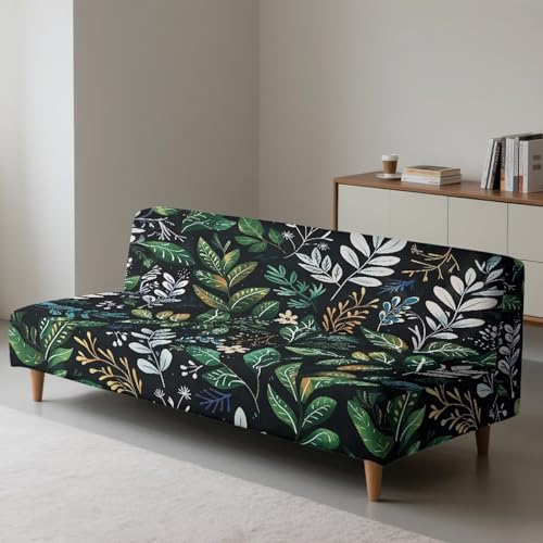 Green Leaf Pattern Armless Sofa Cover, Anti-Slip Non-Armrest Couch Cover Comfortable Futon Sofa Slipcover for 3 Cushion Couch