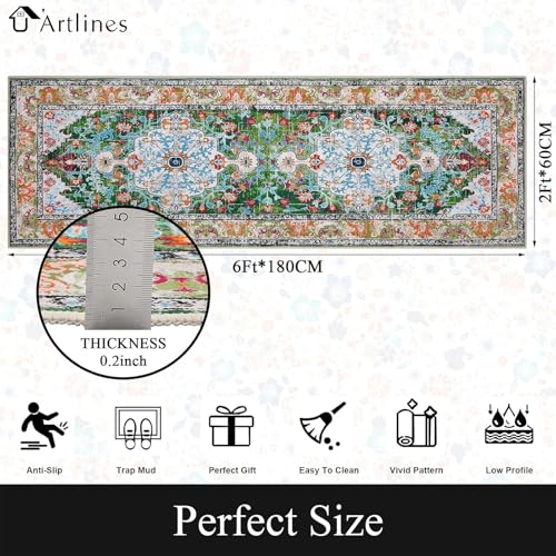 U'Artlines 2' x 6' Boho Hallway Runner Rug, Non Slip Washable Vintage Farmhouse Kitchen Rug Accent Area Carpet for Entryway Laundry and Living Room (Green)