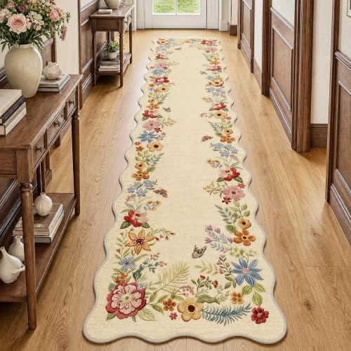Fmfunctex 3x12 Hallway Runner Rug Washable Beige Floral Vintage Scalloped