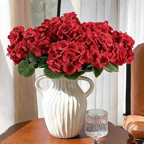 6 Bunches UV Resistant Red Artificial Flowers Geraniums – Lifelike Silk Fake Flowers for Outdoors | No Fade, No Watering, Full & Bigger Heads for Garden, Patio, Balcony, Porch Decor