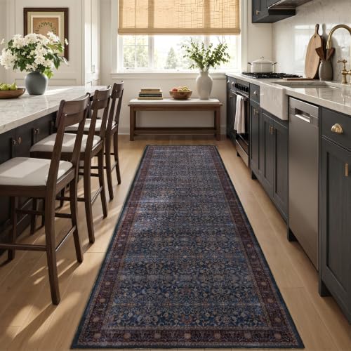 Washable Hallway Runner Rug 3'x8', Vintage Old Money, Dark Blue