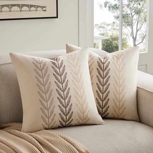 100% Cotton Farmhouse Leaves Throw Pillow Covers Set of 2, 18x18 Inch Mixed Beige Pastoral Decorative Print Cushion Covers for Sofa Bed Living Room Home Decor