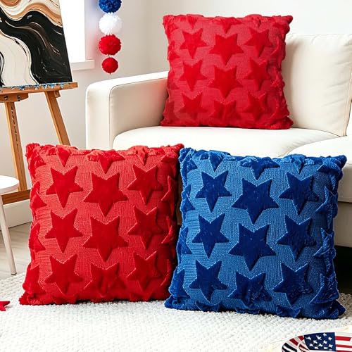 ONFAON 4th of July Pillow Covers 18x18 Set of 2 Blue Embroidery Star Independence Day Decorations Home of The Free Memorial Day Patriotic Throw Cushion Case for Home Sofa Couch
