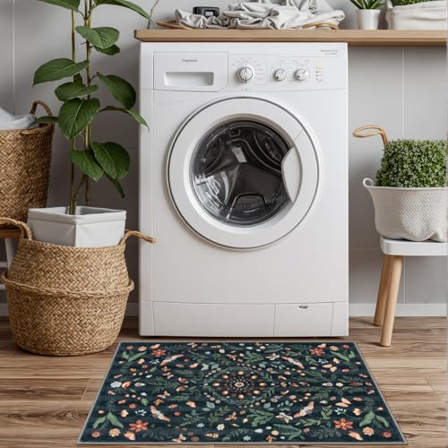 Lahome Washable Insect Botanical 2x3 Area Rugs for Entryway - Machine Washable Non-Slip Kitchen Rugs, Black Boho Low Profile Soft Faux Wool Indoor Door Mat for Bathroom,Bedroom, Hallway