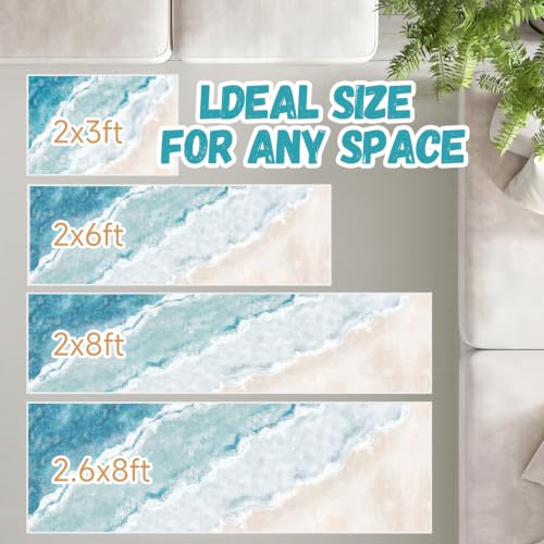 Beach Pattern 2.6x8ft Runner Rug Non Slip Washable Kitchen Runner Rug with Rubber Backing，Low-Pile Soft Washable Runner Rugs for Hallway Entryway Kitchen Bedroom Living Room Bathroom