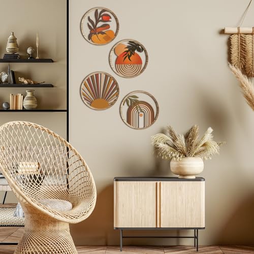 Qunclay 4 Pcs Boho Wall Art Bohemian Wooden Round Circle Wall Decor Hollow out Hanging Farmhouse Aesthetic for Bedroom Living Room Bathroom Bedroom Bathroom Patio Apartment Gift 10 Inch(Stylish)