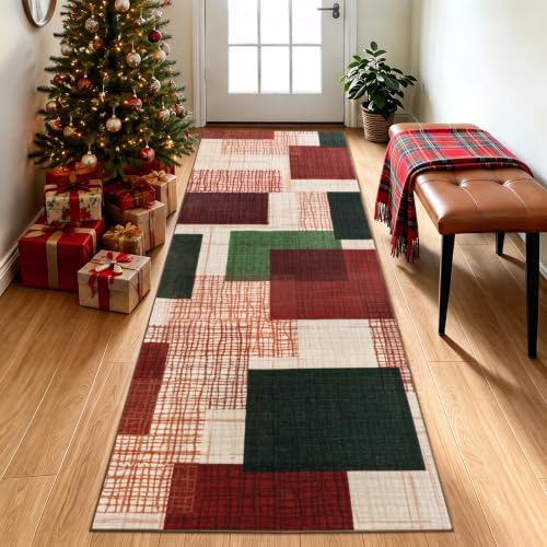 Washable 2x6 Christmas Runner Rug for Hallway Kitchen, Red-Green