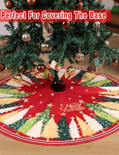 Multiwins Christmas Tree Skirt 48 Inch, Red Christmas Tree Skirt with Christmas Tree and Star Design, Thick Flannel Fabric, Xmas Tree Skirt for Holiday Decorations